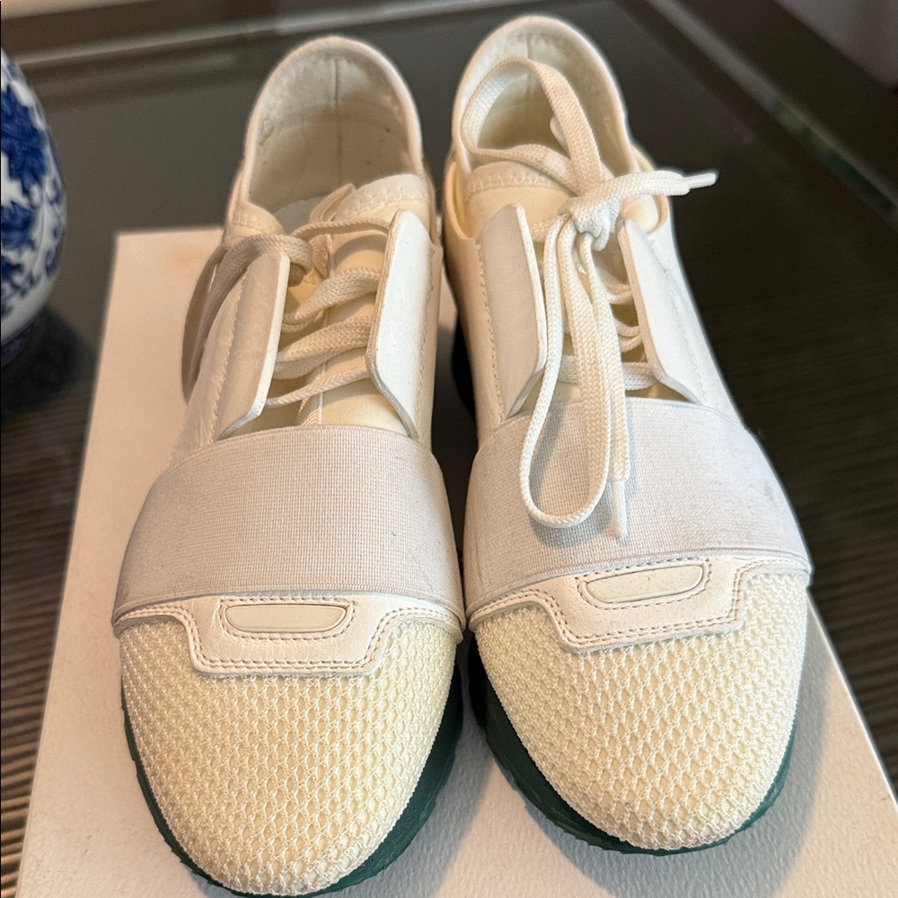 Balenciaga Cream and White Sneakers with Green Soles